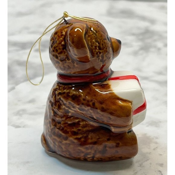 Vintage Teddy Bear Christmas Tree Ornament Ceramic Japan Holding Gift - Picture 5 of 7